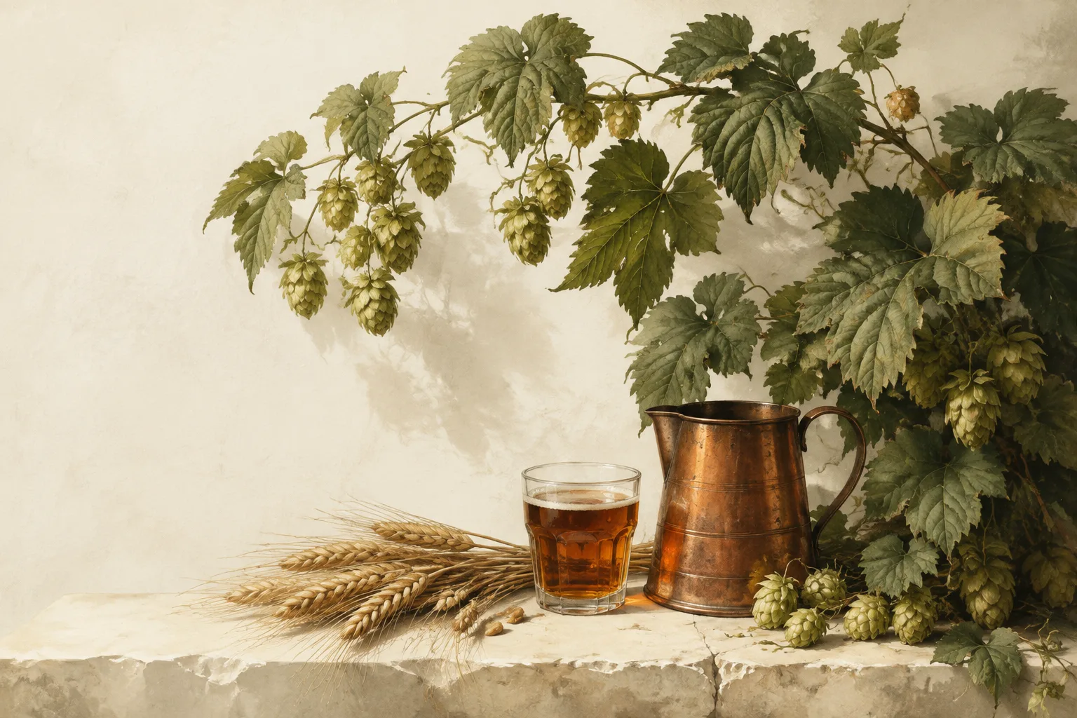 An editorial illustration of hops, barley and a glass of amber beer beside a copper jug