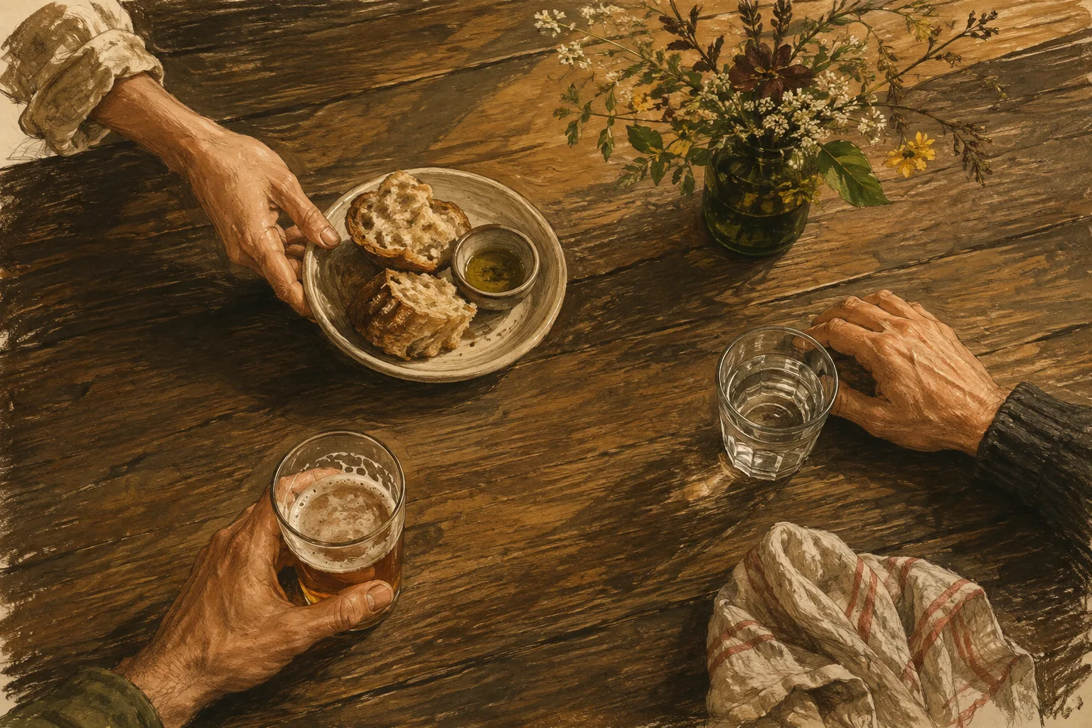 A hand-painted illustration of people sharing bread, drinks and time around a pub table