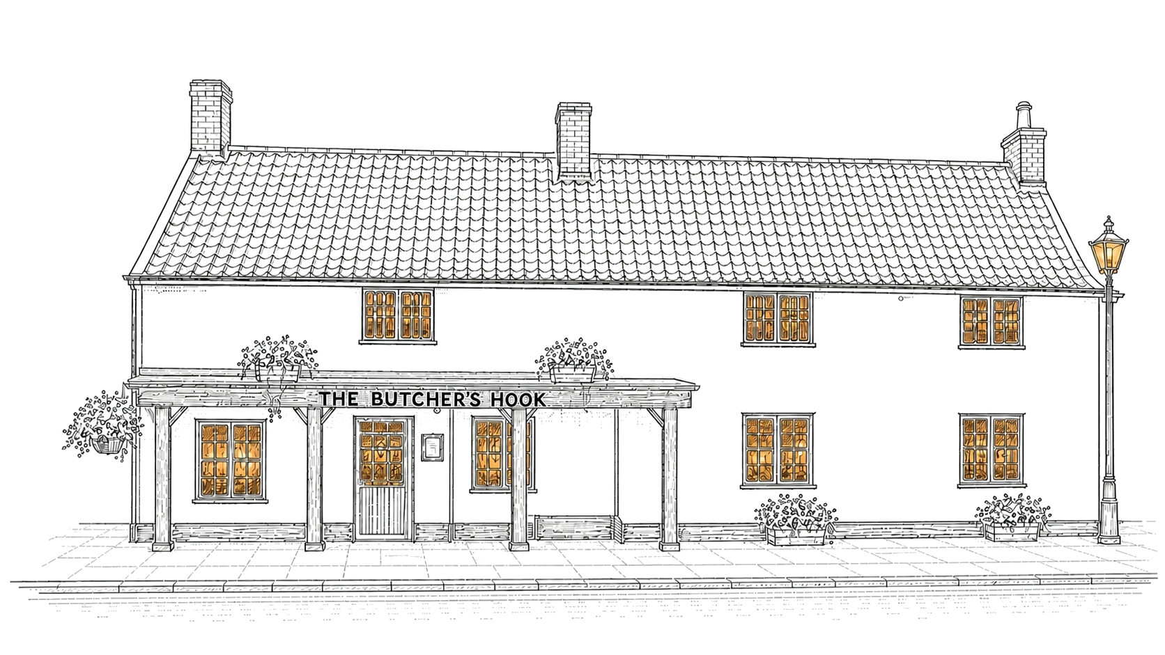 An illuminated architectural illustration of The Butcher’s Hook in Thornbury