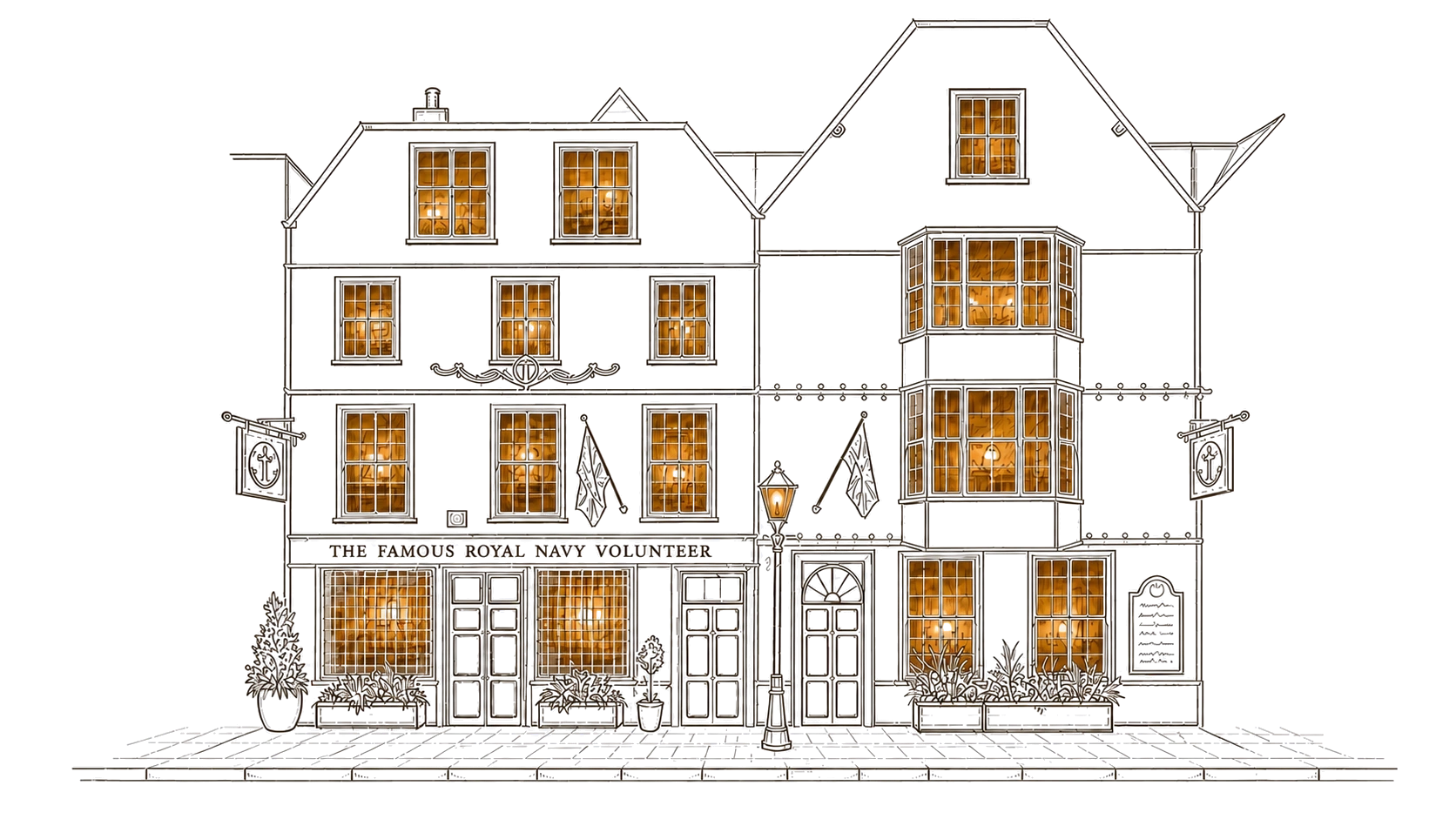An illuminated architectural illustration of The Famous Royal Navy Volunteer in Bristol