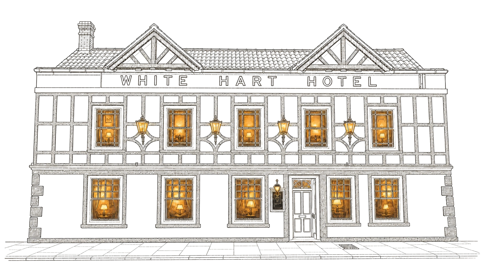 An illuminated architectural illustration of The White Hart in Wells