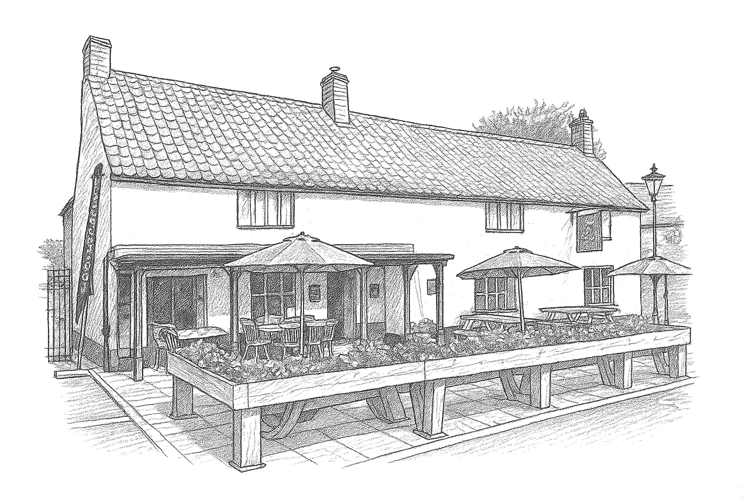 A hand drawing of The Butcher's Hook pub in Thornbury