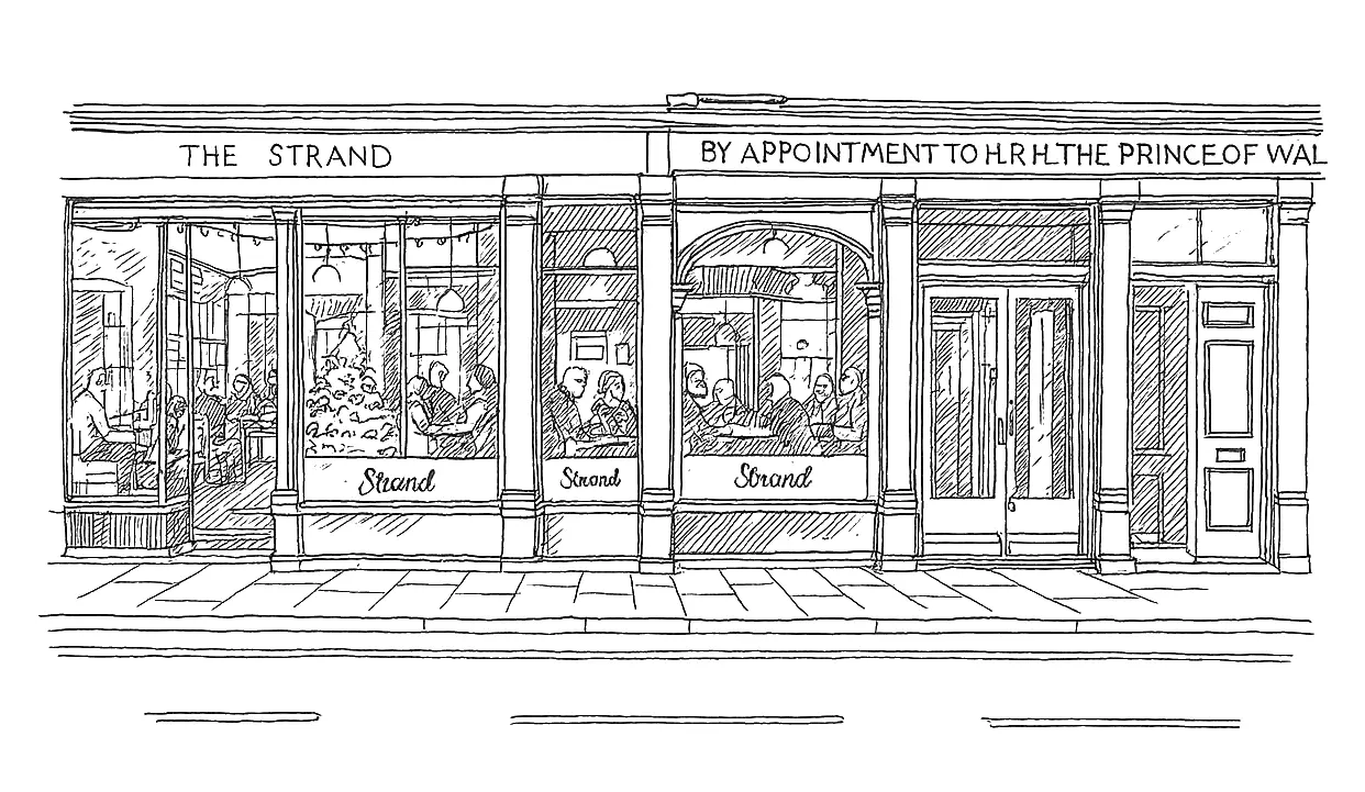 A hand drawing of The Strand pub in Cheltenham