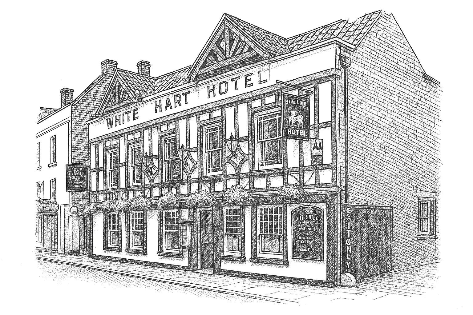 A hand drawing of The White Hart pub in Wells