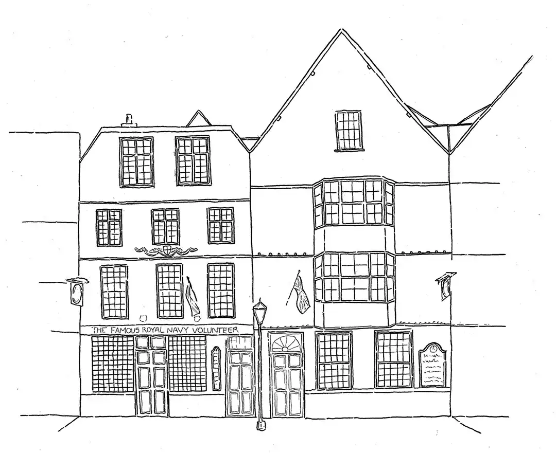 A hand drawing of The Famous Royal Navy Volunteer pub in Bristol